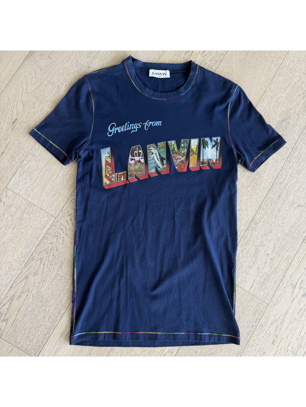 Lanvin Navy Blue Cotton T-Shirt Colorful Stitching 'Greetings from LANVIN"